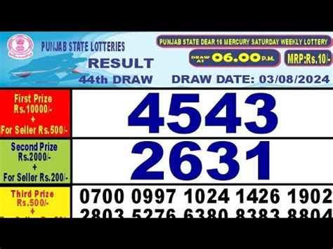 Punjab State Dear 10 Mercury Saturday Lottery Result 6pm .